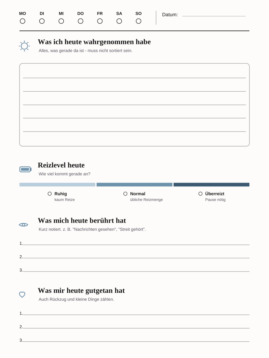 Beispiel-Tagesseite aus dem Hochsensibilitäts-Tagebuch
